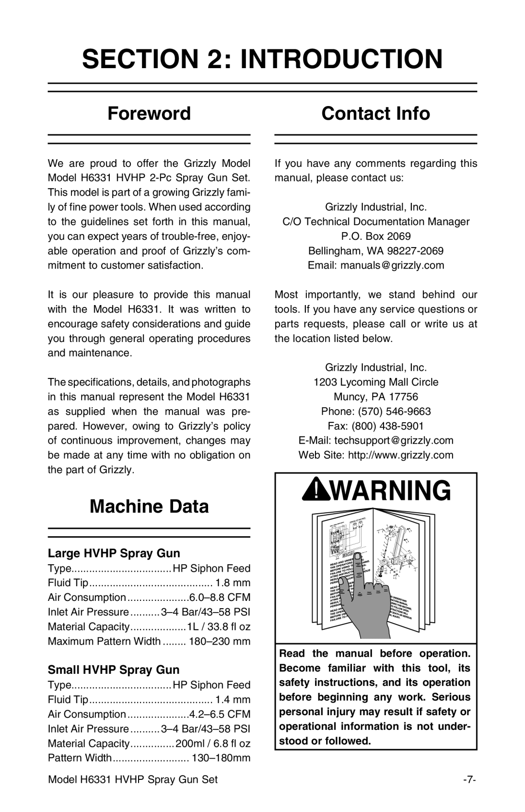 Grizzly H6331 instruction manual Introduction, Foreword Contact Info, Machine Data 