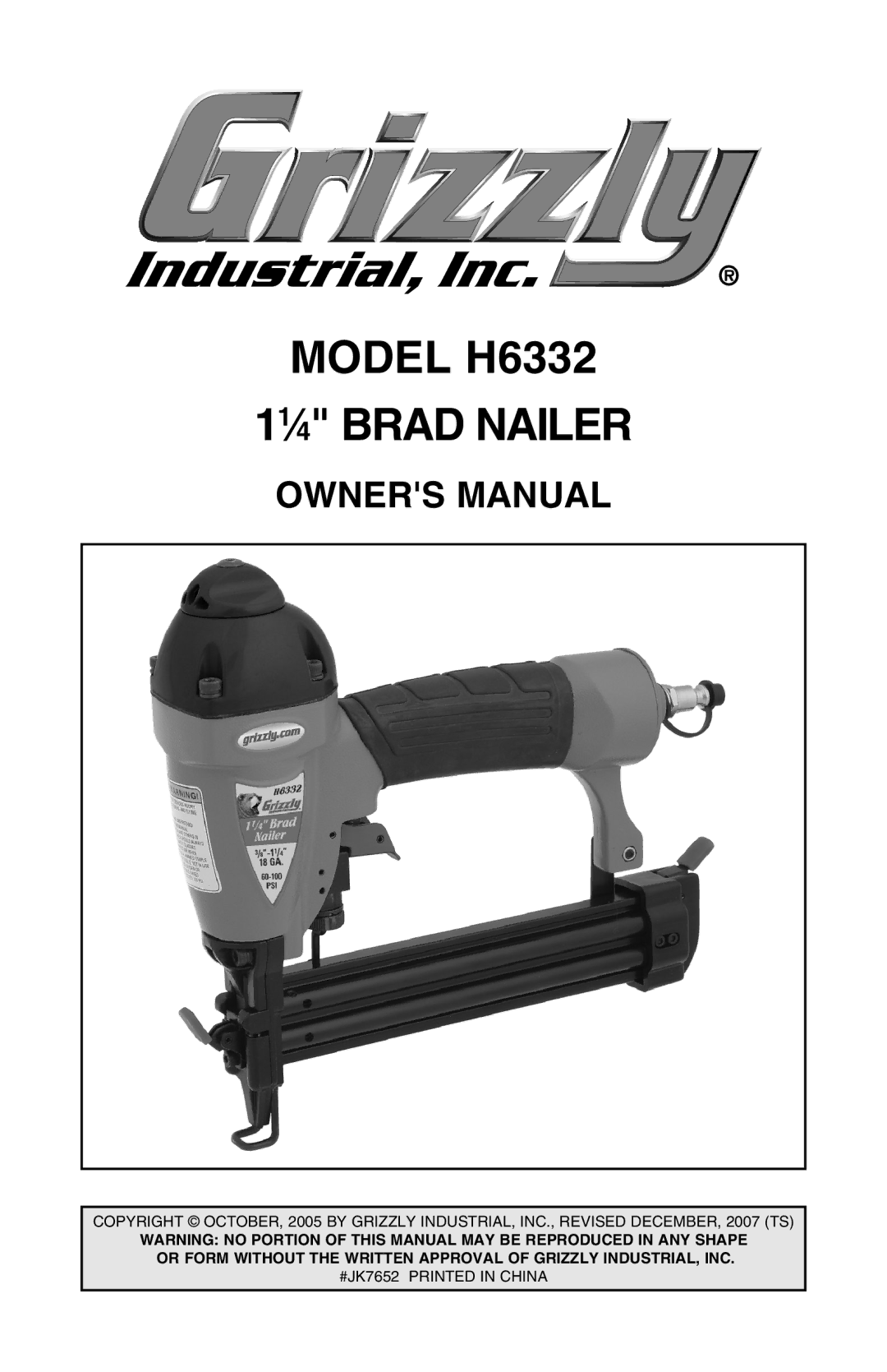 Grizzly owner manual Model H6332 11⁄4 Brad Nailer 