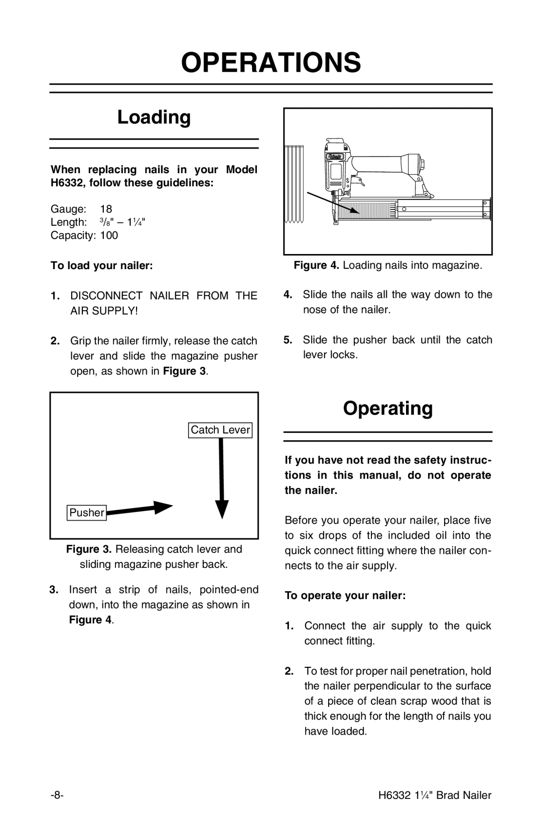 Grizzly H6332 owner manual Operations, Loading, Operating 