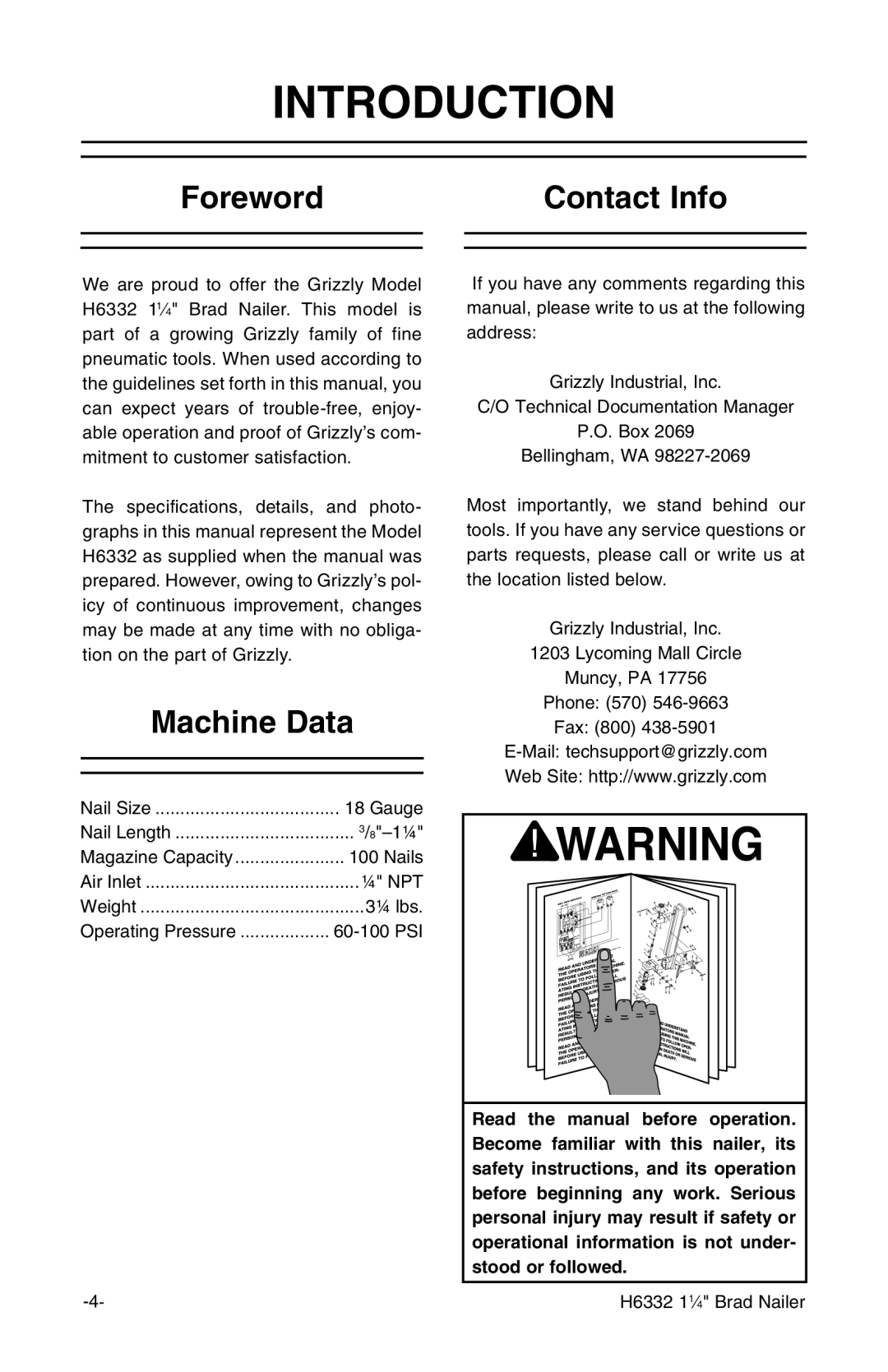 Grizzly H6332 owner manual Introduction, Foreword Contact Info, Machine Data 