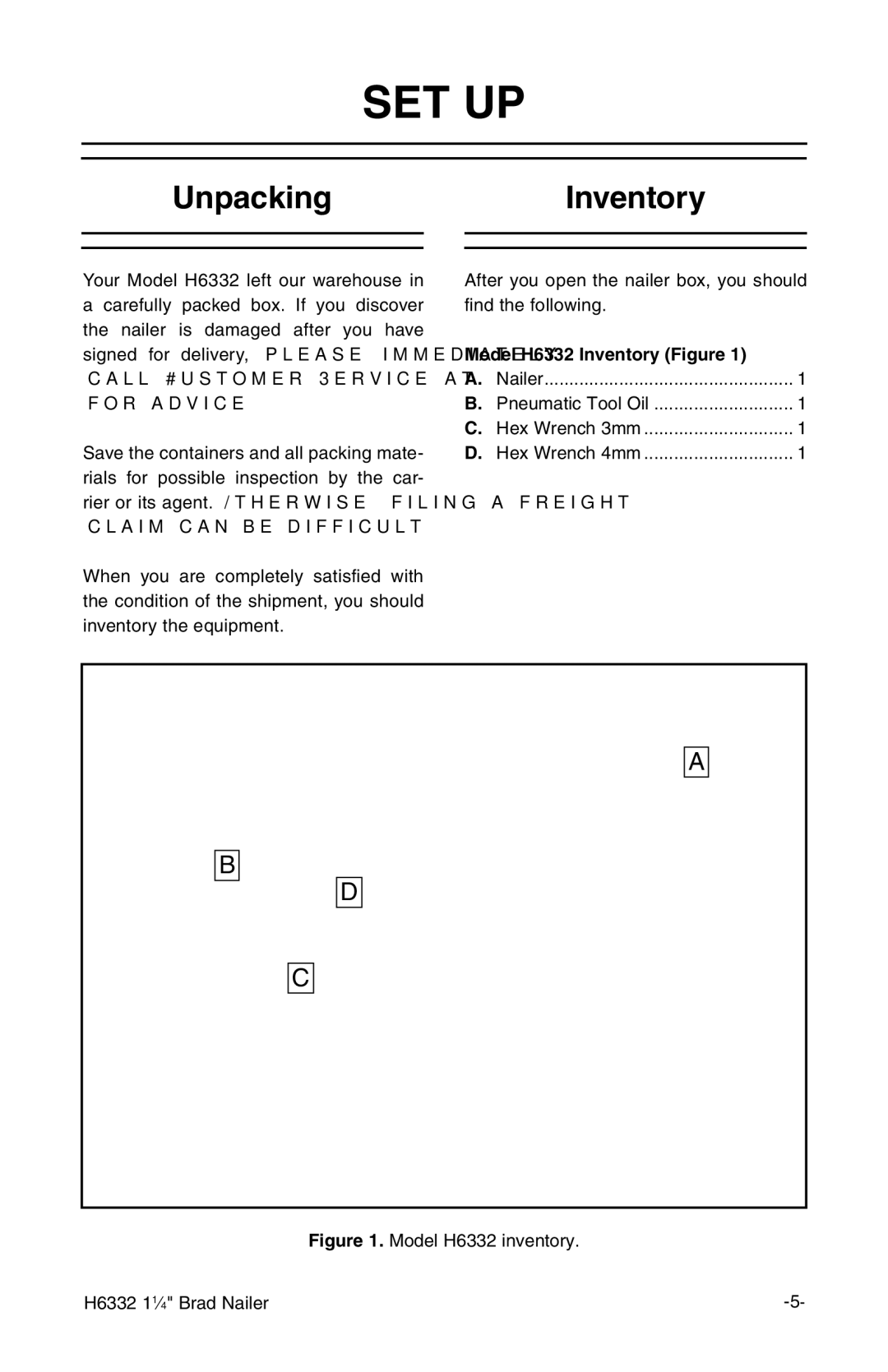 Grizzly H6332 owner manual Set Up, UnpackingInventory 