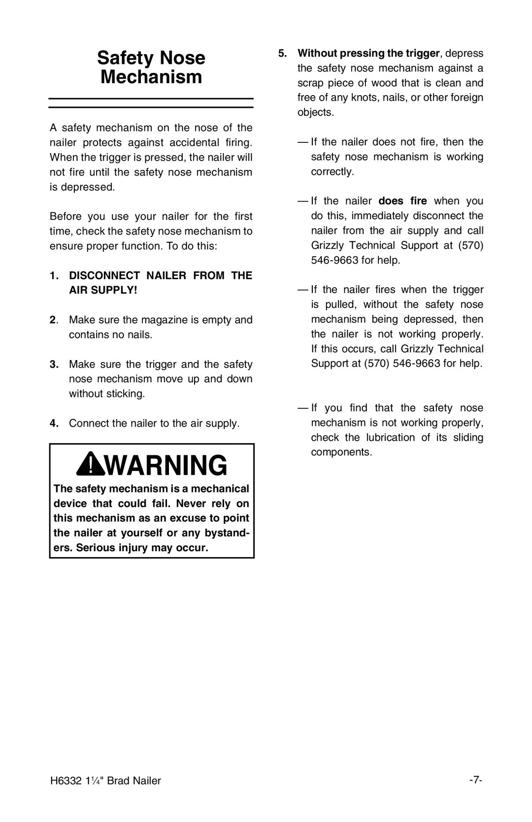 Grizzly H6332 owner manual Safety Nose Mechanism, Disconnect Nailer from the AIR Supply 