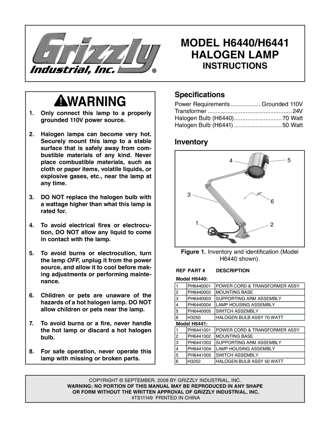 Grizzly H6440, H6441 specifications Halogen Lamp, Instructions, Specifications, Inventory 