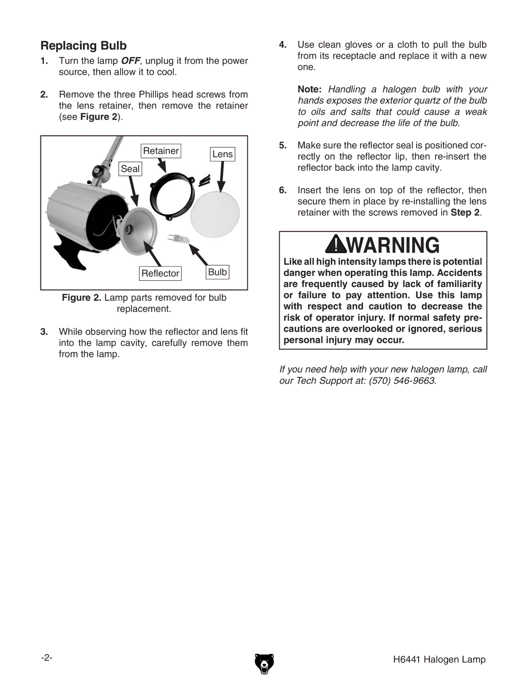 Grizzly H6441 specifications Replacing Bulb 