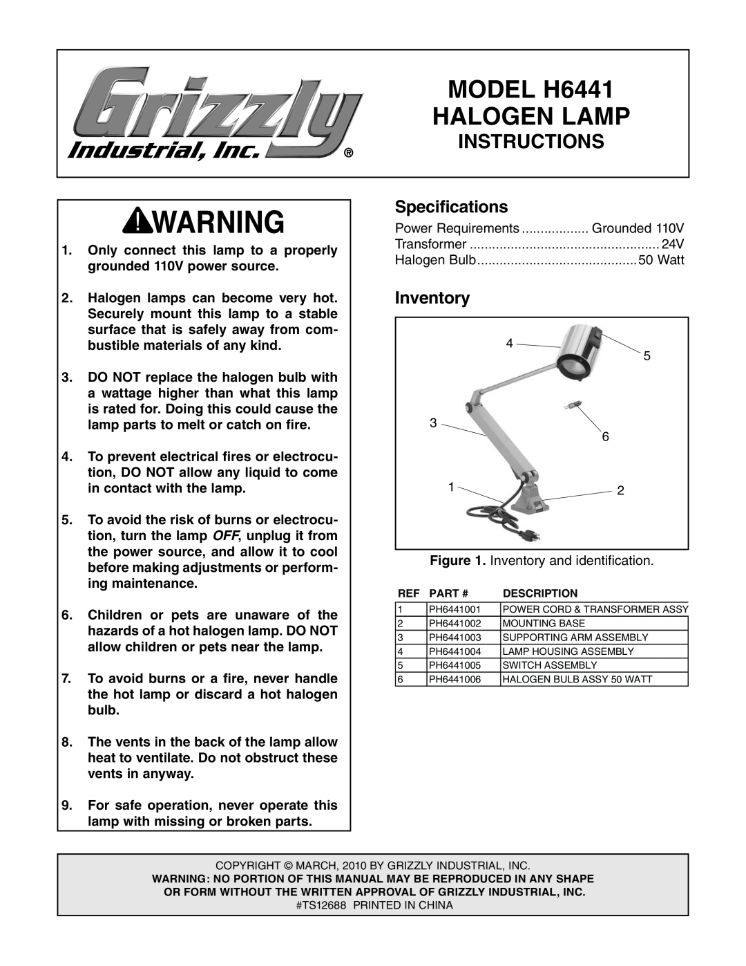 Grizzly specifications Specifications, Inventory, MODEL H6441, Halogen Lamp, Instructions 