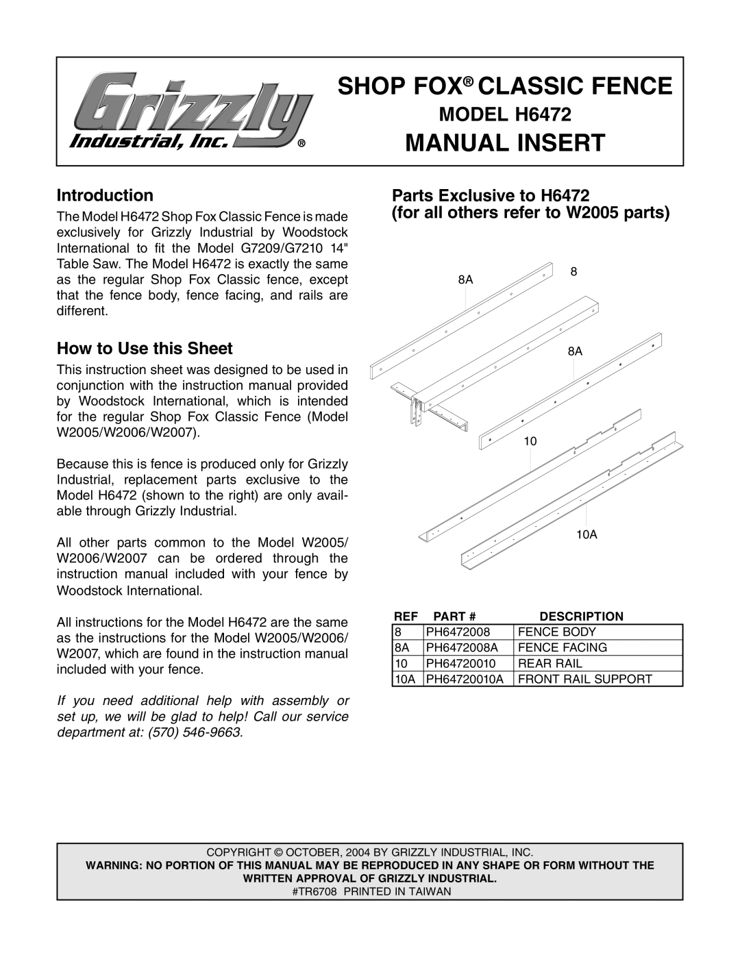 Grizzly H6472 instruction sheet Shop FOX Classic Fence 