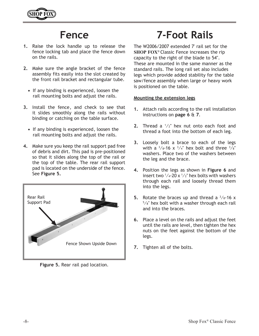 Grizzly H6472 instruction sheet Fence, Foot Rails, Mounting the extension legs 