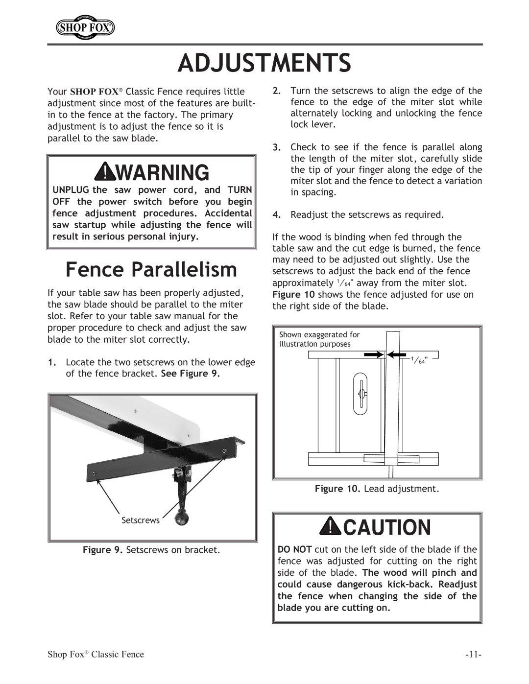 Grizzly H6472 instruction sheet Adjustments, Fence Parallelism 