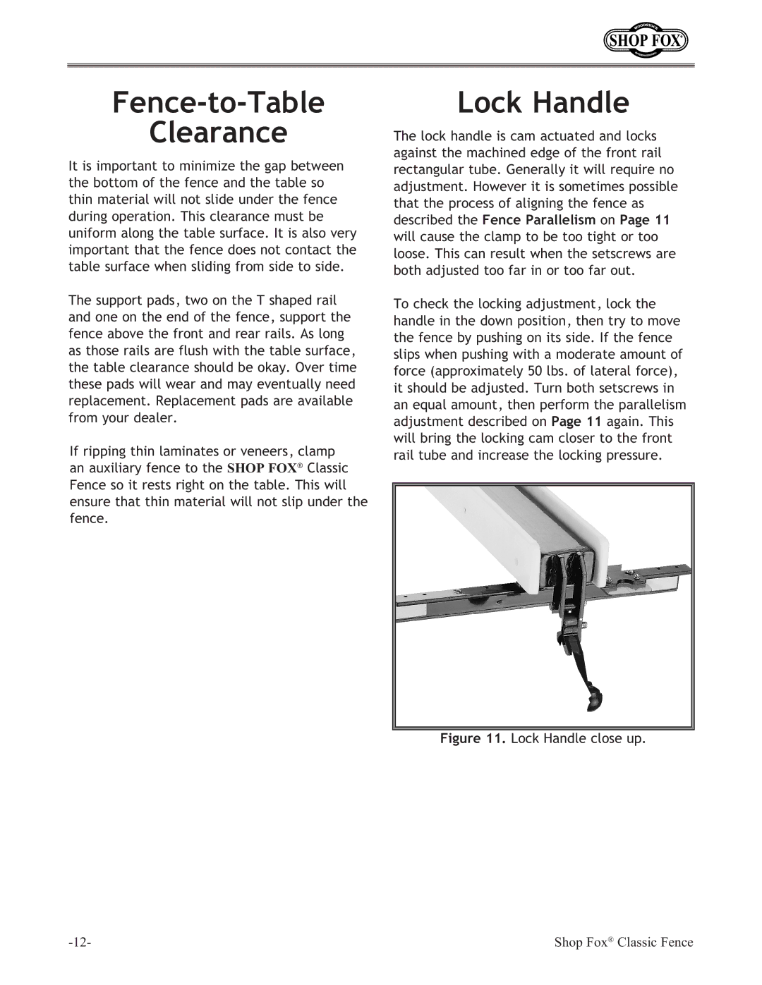 Grizzly H6472 instruction sheet Fence-to-Table Clearance, Lock Handle 