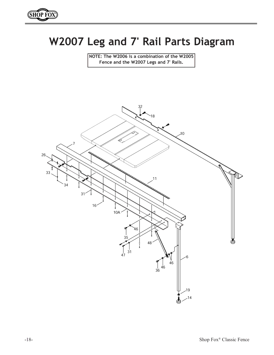 Grizzly H6472 instruction sheet W2007 Leg and 7 Rail Parts Diagram 