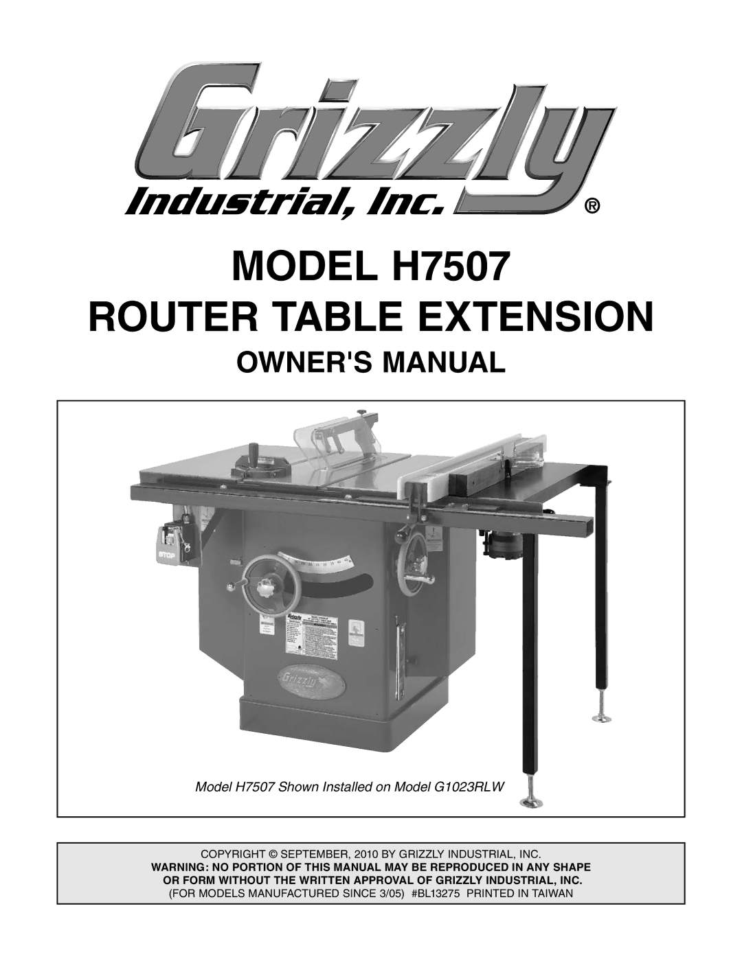 Grizzly owner manual Model H7507 Router Table Extension 