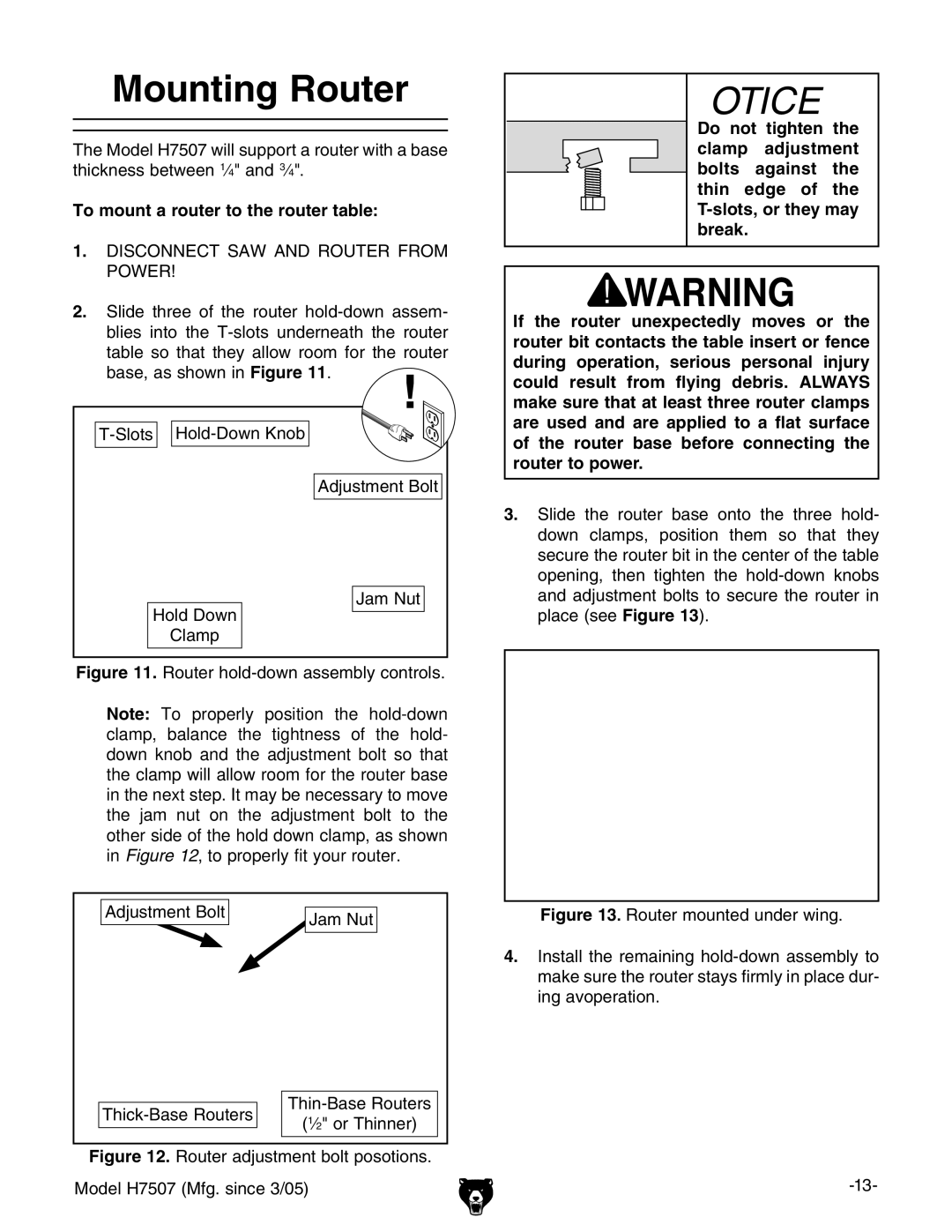 Grizzly H7507 owner manual Mounting Router, To mount a router to the router table 