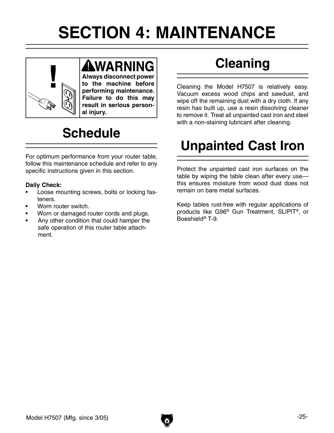 Grizzly H7507 owner manual Maintenance, Schedule, Cleaning, Unpainted Cast Iron, Daily Check 