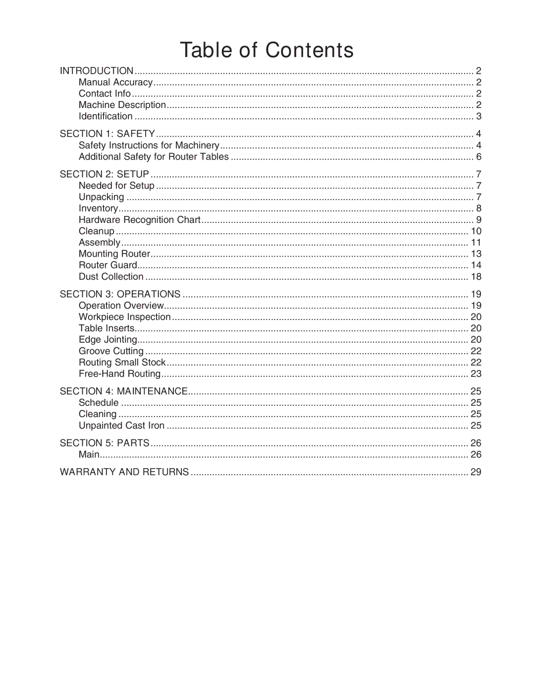 Grizzly H7507 owner manual Table of Contents 