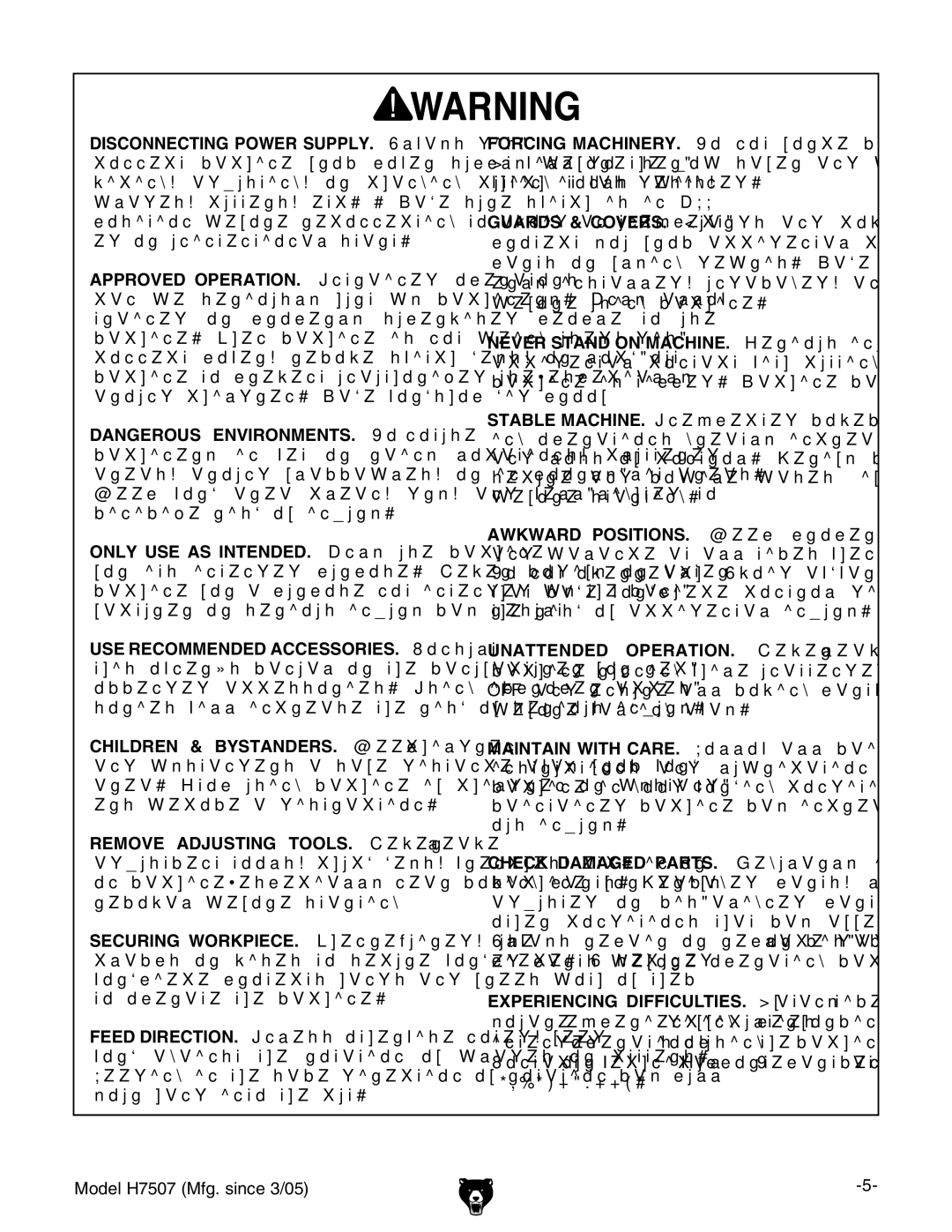 Grizzly owner manual Model H7507 Mfg. since 3/05 