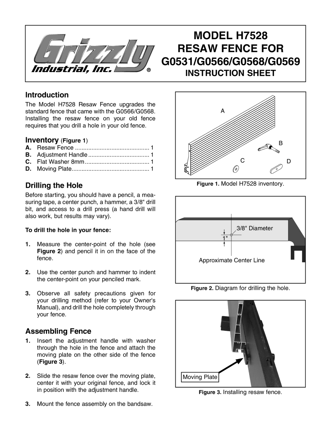 Grizzly instruction sheet Model H7528, Resaw Fence for, G0531/G0566/G0568/G0569, Instruction Sheet 