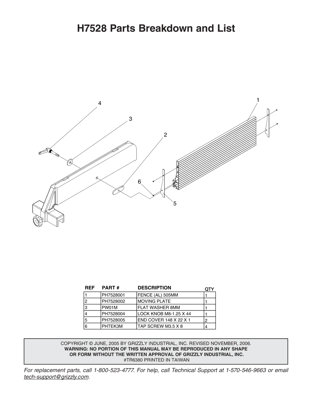 Grizzly G0531 instruction sheet H7528 Parts Breakdown and List, Description 