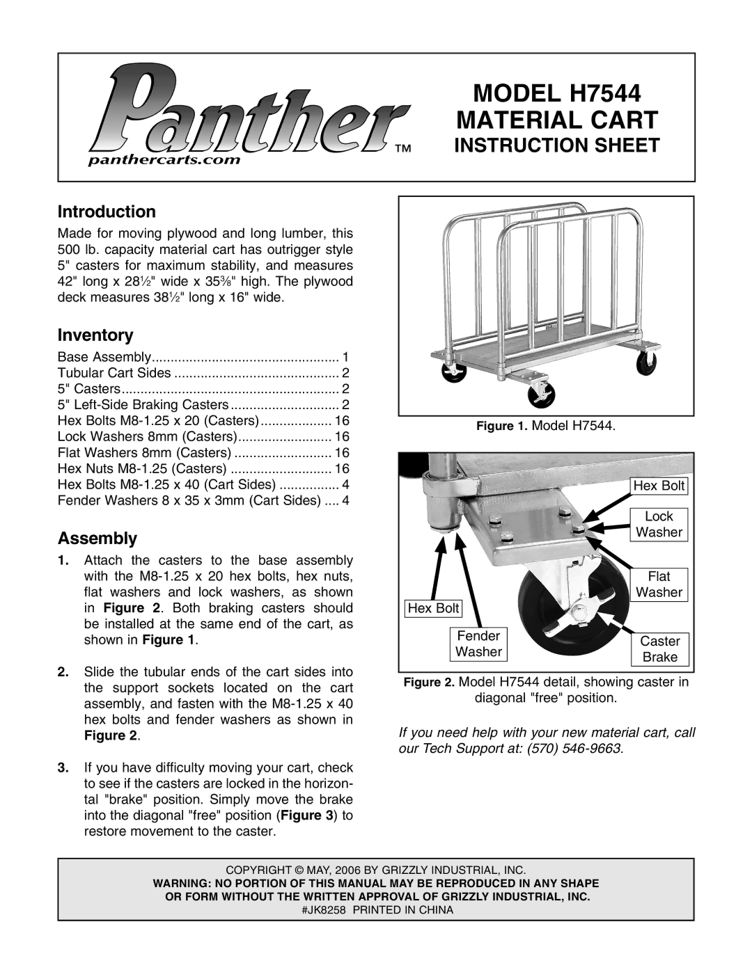 Grizzly instruction sheet Model H7544 Material Cart, Instruction Sheet, Introduction, Inventory, Assembly 