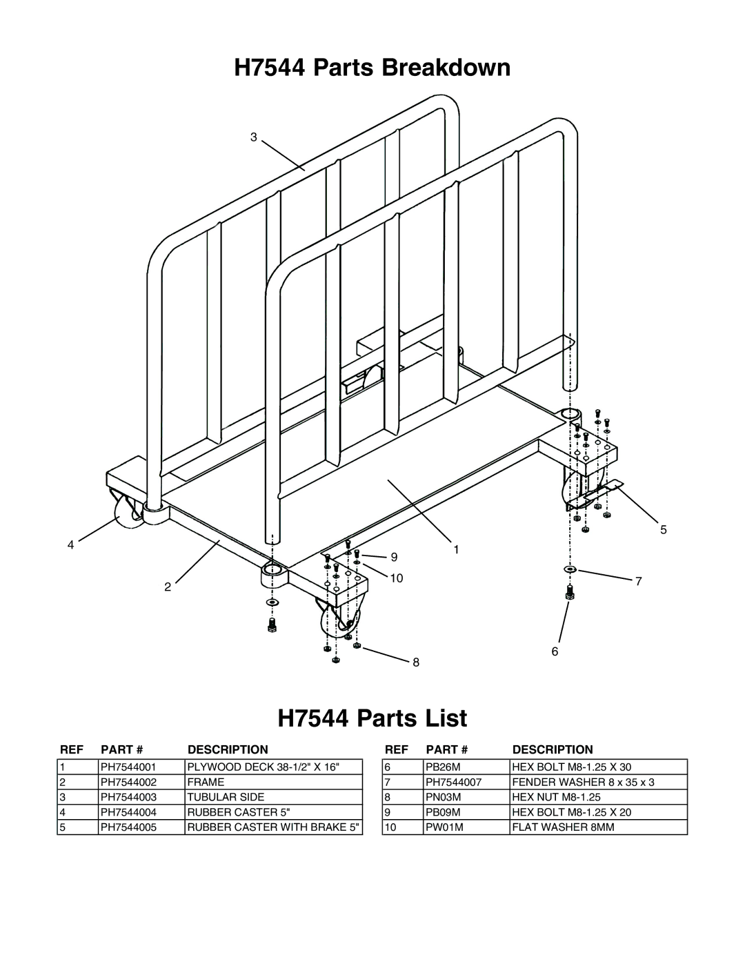 Grizzly instruction sheet H7544 Parts Breakdown H7544 Parts List, Description 