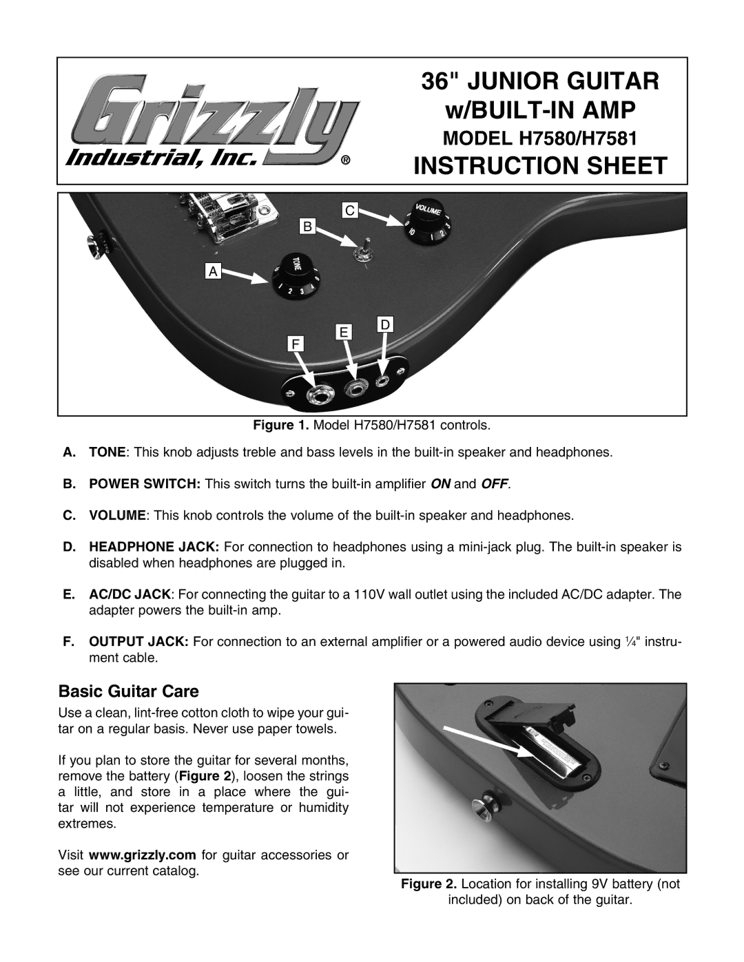 Grizzly H7580 instruction sheet Junior Guitar, Instruction Sheet, Basic Guitar Care 