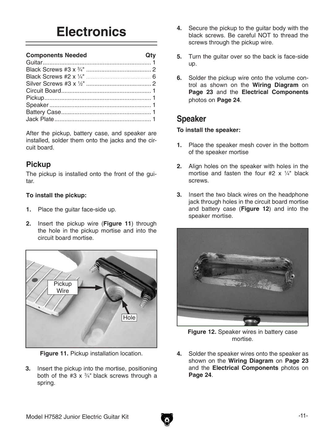 Grizzly H7582 instruction manual Electronics, To install the pickup, To install the speaker 