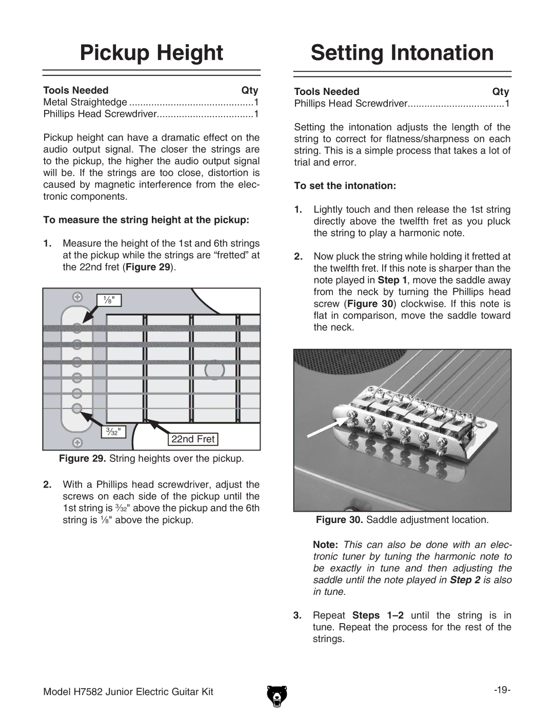 Grizzly H7582 Pickup Height Setting Intonation, To measure the string height at the pickup, To set the intonation 