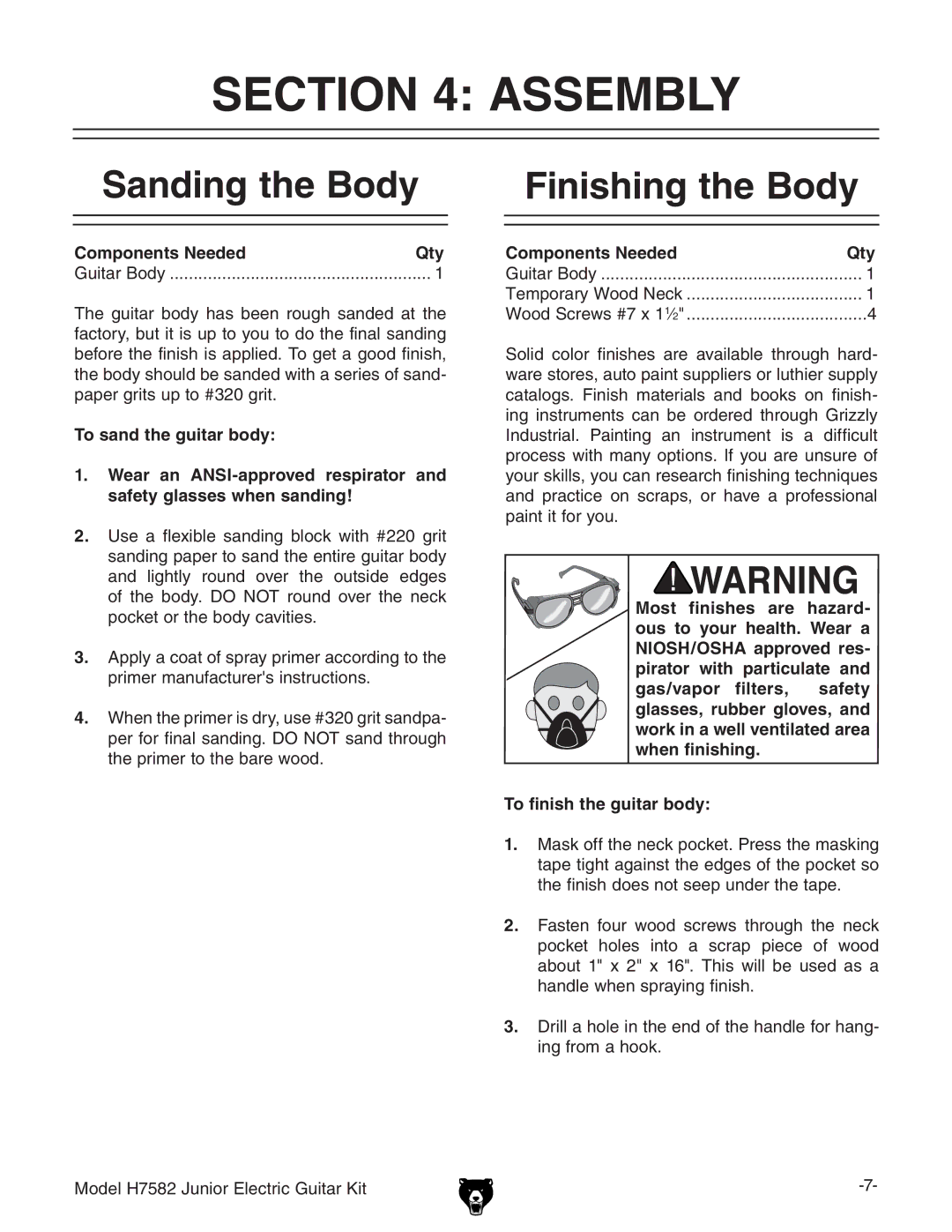 Grizzly H7582 instruction manual Assembly, Sanding the Body, Finishing the Body, Components Needed Qty 