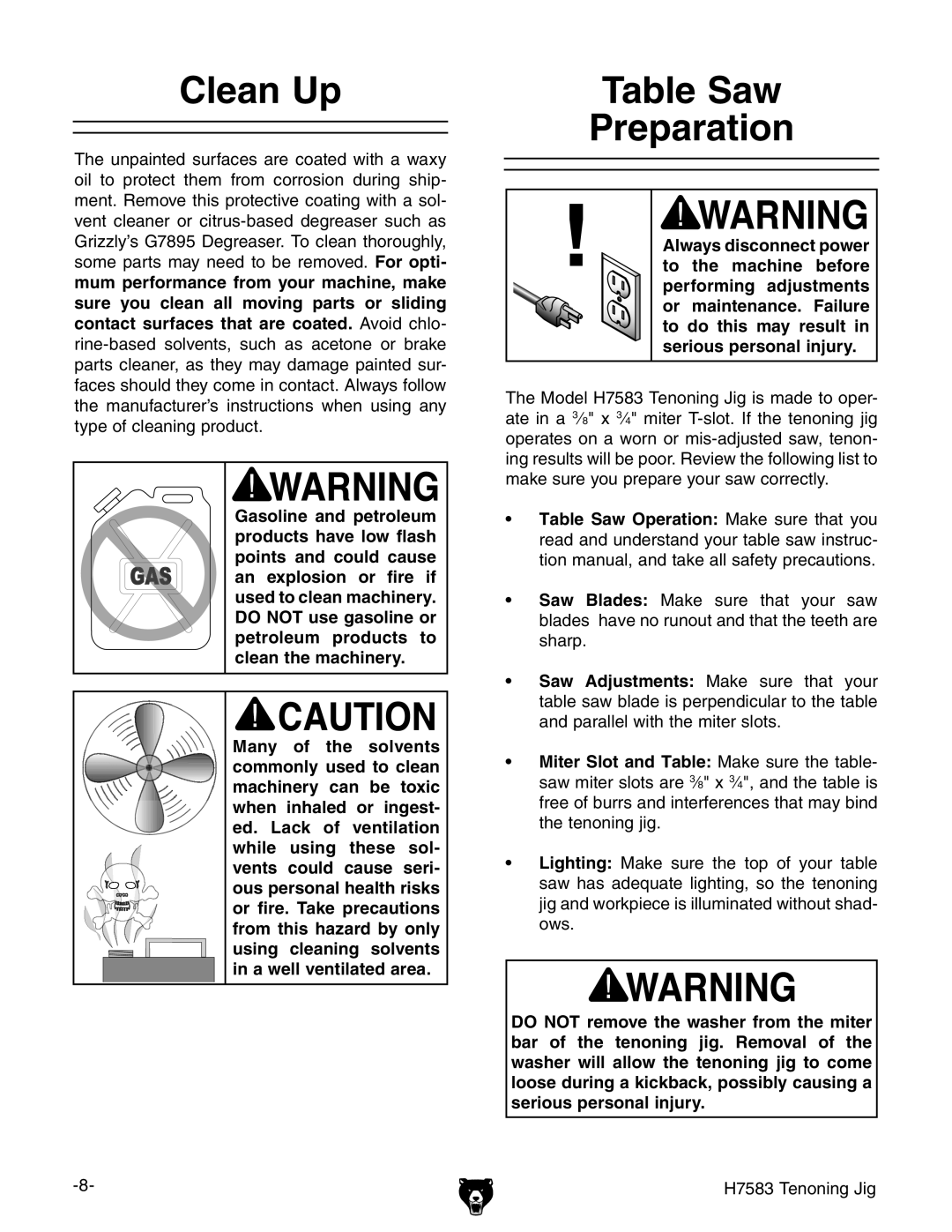 Grizzly H7583 instruction manual Clean Up, Table Saw Preparation 