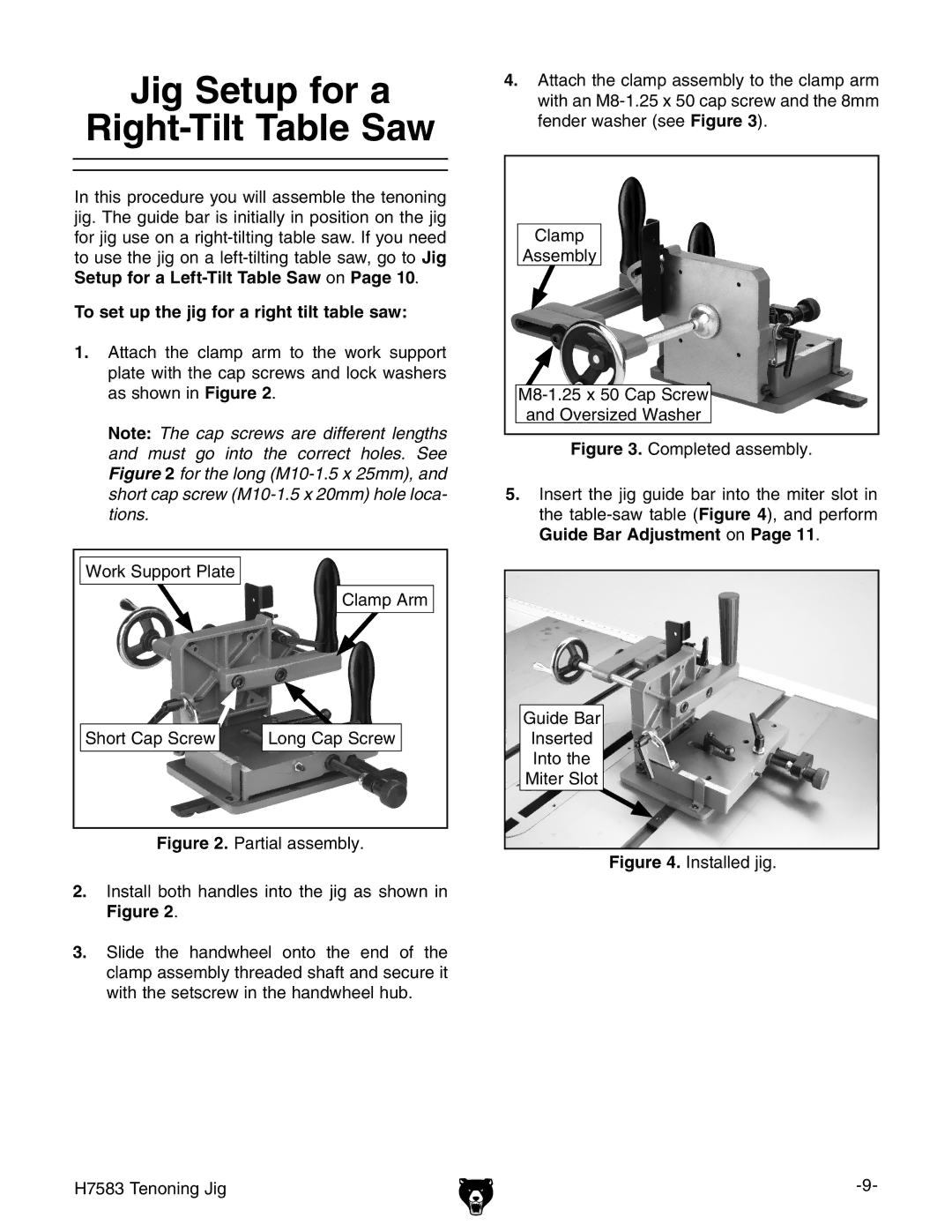 Grizzly H7583 instruction manual Jig Setup for a Right-Tilt Table Saw, To set up the jig for a right tilt table saw 