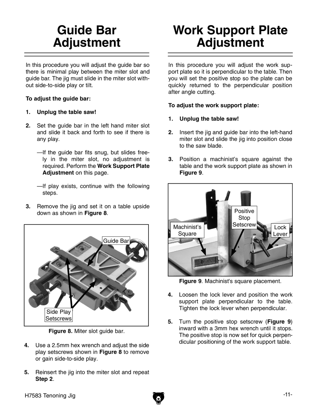 Grizzly H7583 instruction manual Guide Bar, To adjust the guide bar Unplug the table saw 