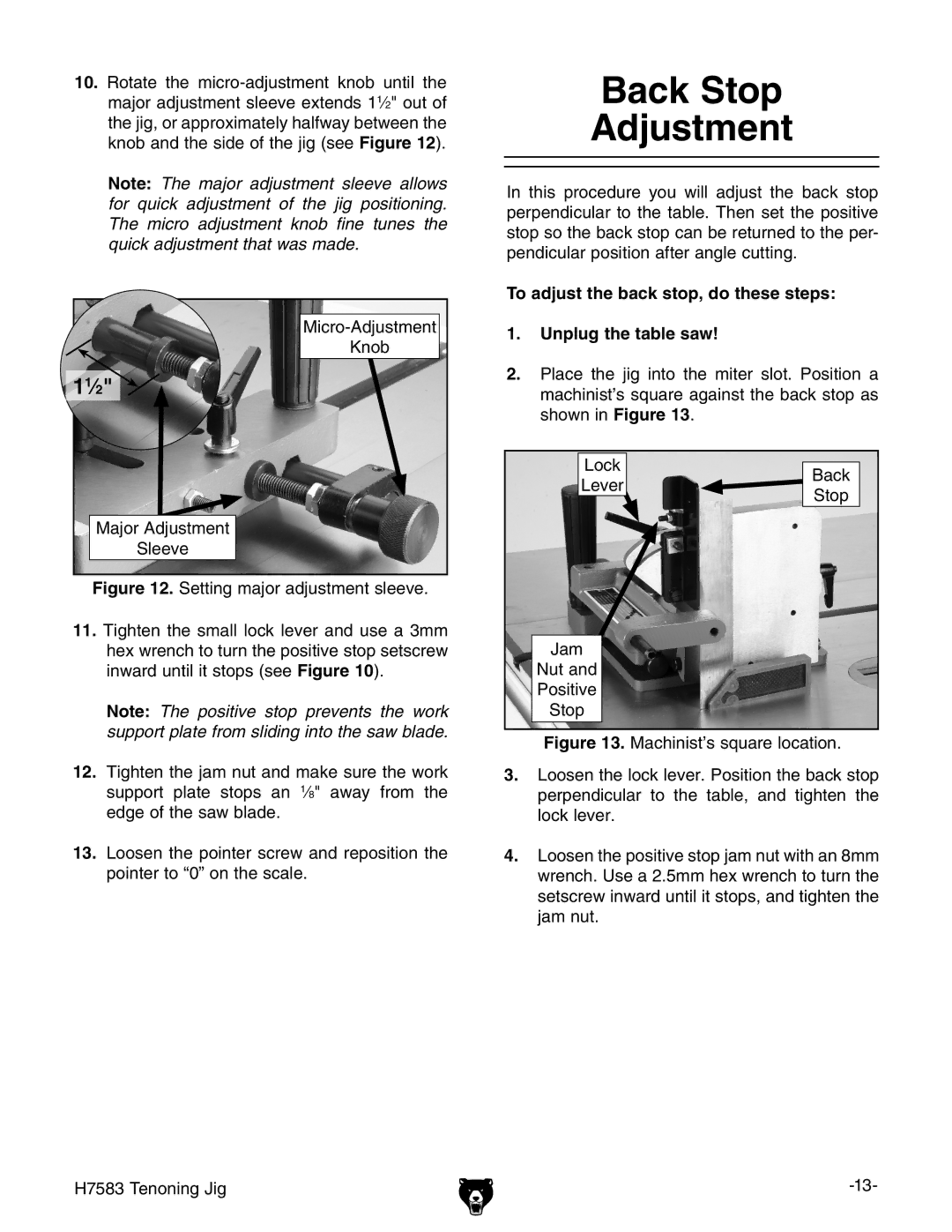 Grizzly H7583 instruction manual Back Stop Adjustment, To adjust the back stop, do these steps Unplug the table saw 