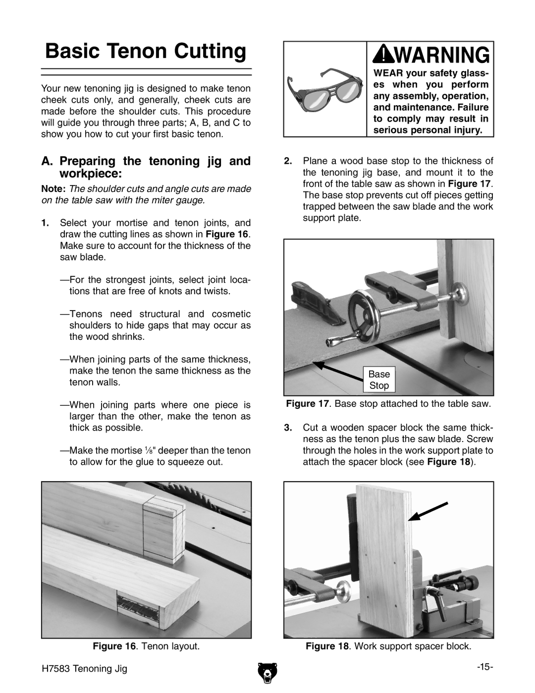 Grizzly H7583 instruction manual Basic Tenon Cutting, Preparing the tenoning jig and workpiece 