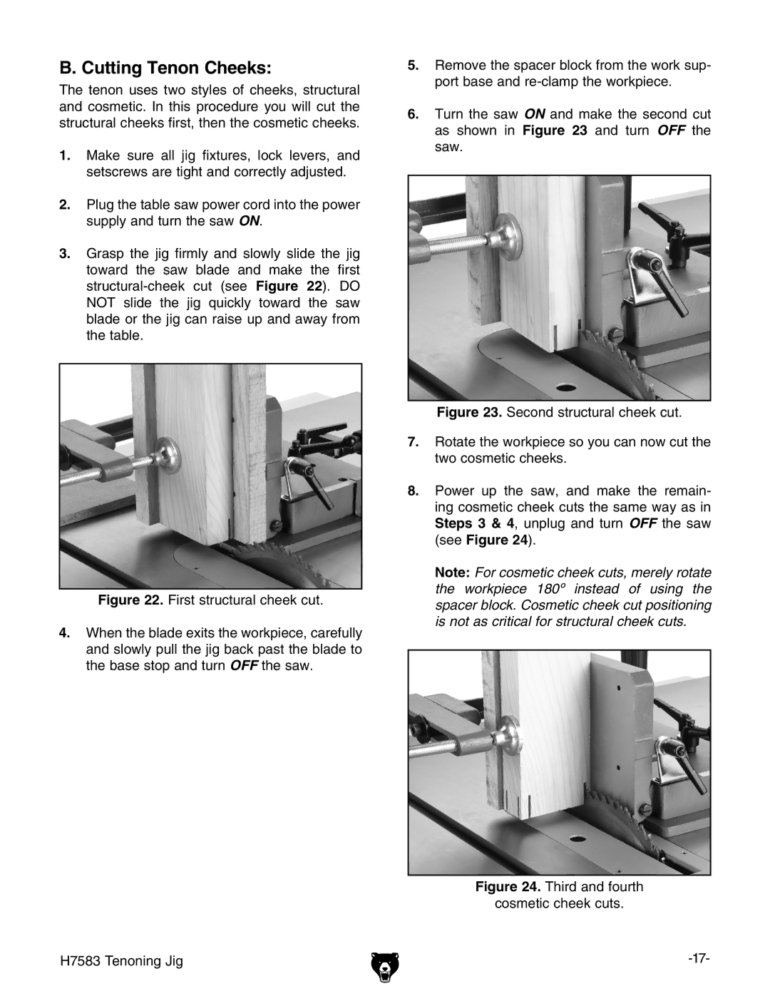 Grizzly H7583 instruction manual Cutting Tenon Cheeks 