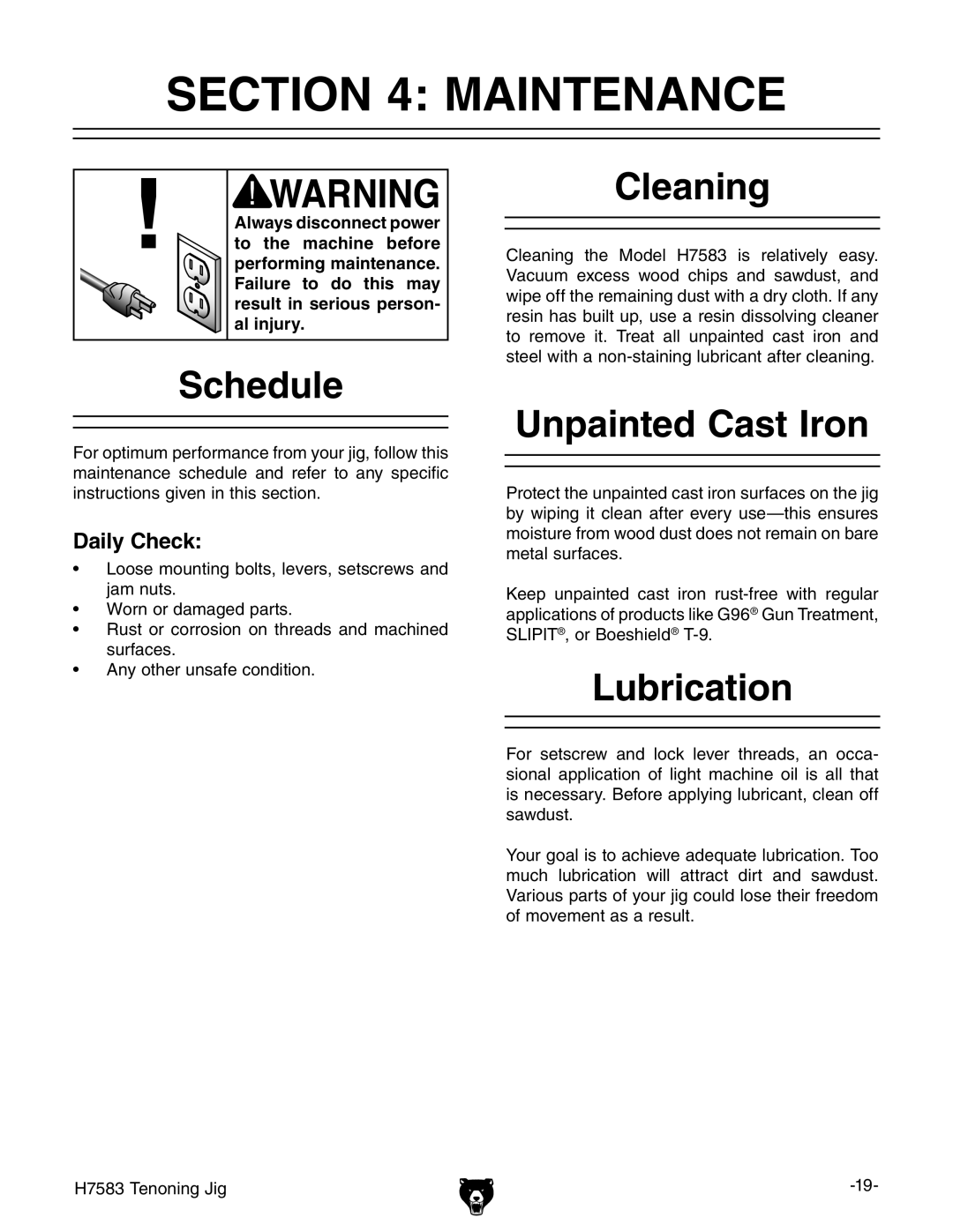 Grizzly H7583 instruction manual Maintenance, Schedule, Cleaning, Unpainted Cast Iron, Lubrication 