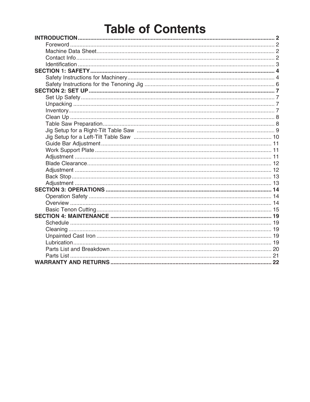 Grizzly H7583 instruction manual Table of Contents 