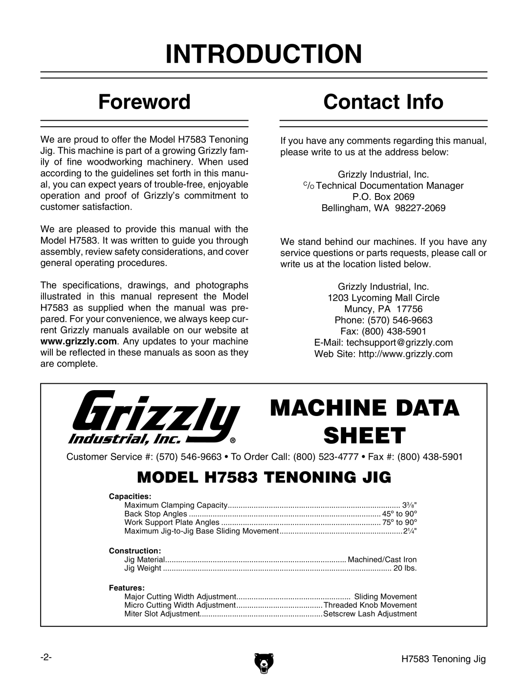 Grizzly H7583 instruction manual Introduction, Foreword, Contact Info 