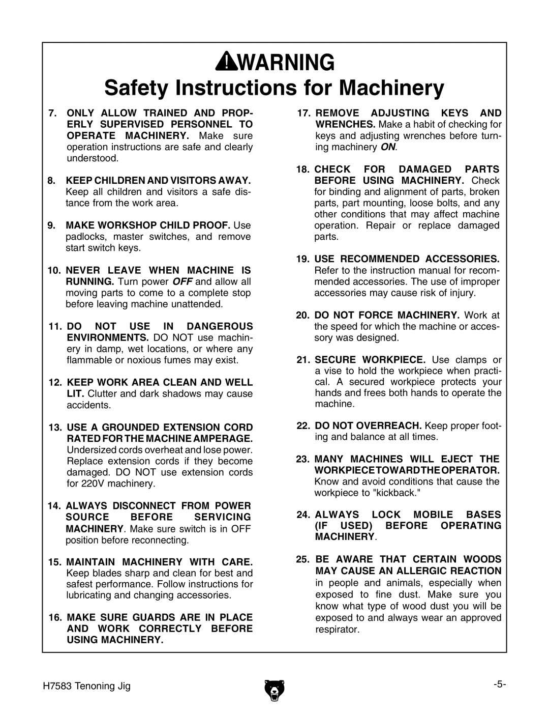 Grizzly H7583 instruction manual Always Lock Mobile Bases if Used Before Operating Machinery 