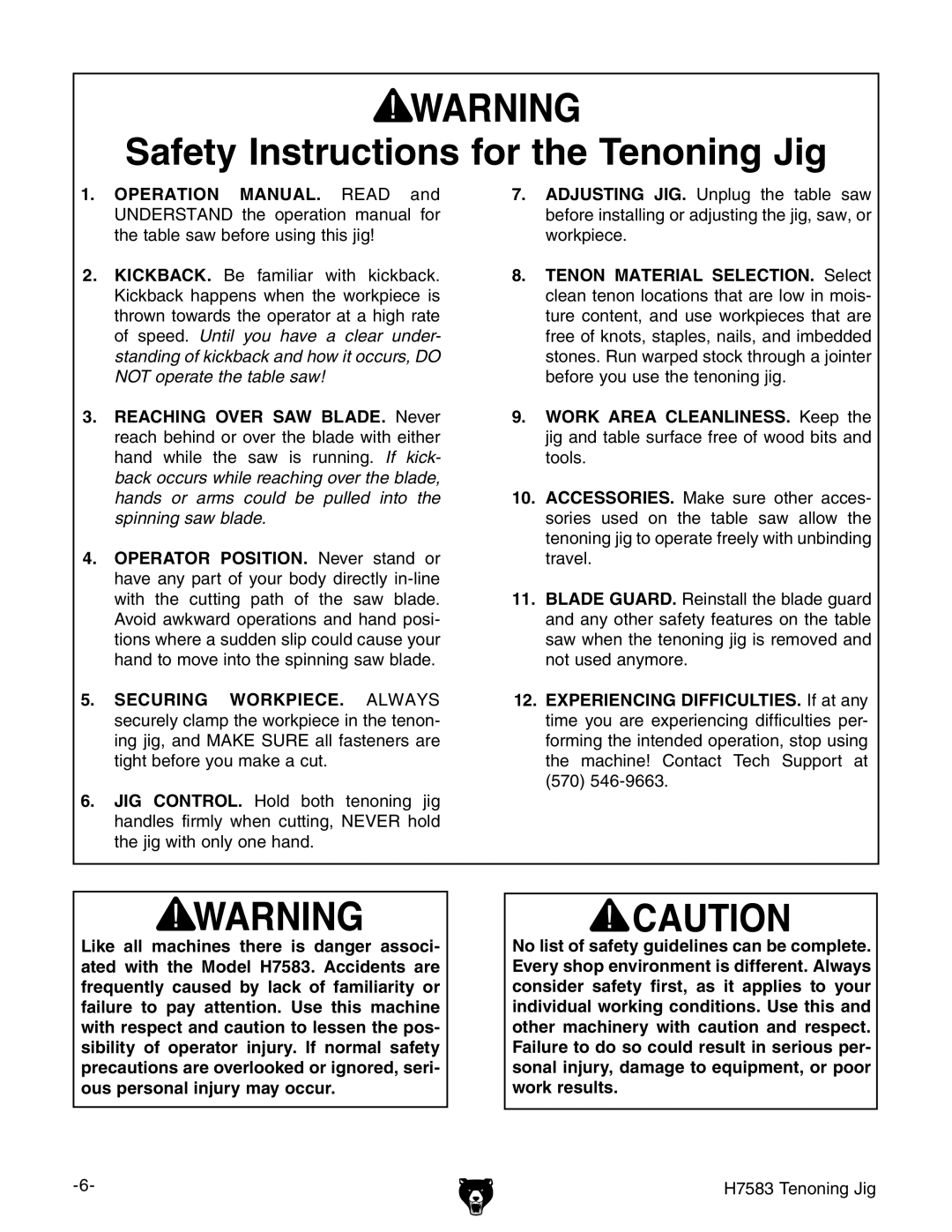 Grizzly H7583 instruction manual Safety Instructions for the Tenoning Jig 