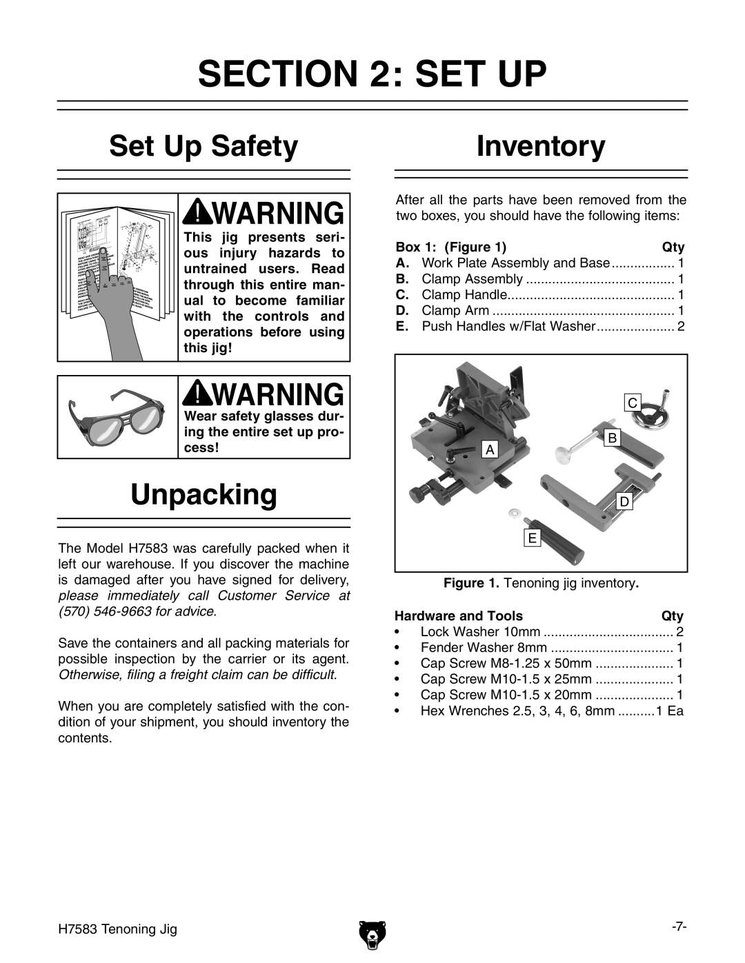 Grizzly H7583 instruction manual Set Up Safety Inventory, Unpacking, Box 1 Figure Qty Work Plate Assembly and Base 