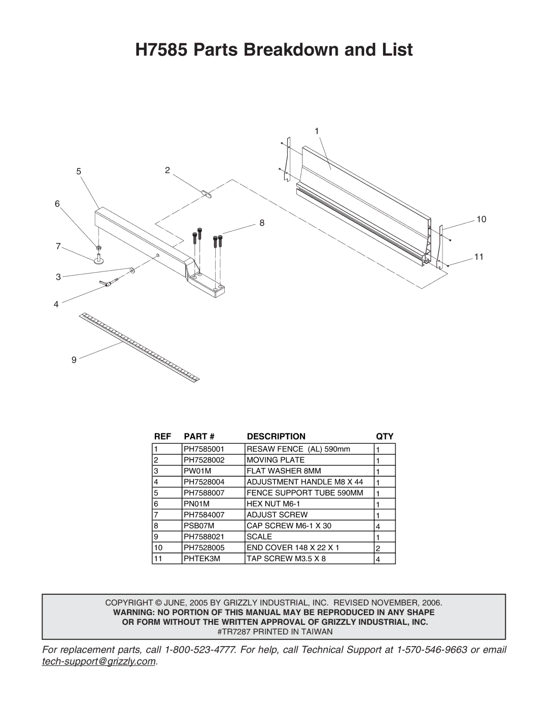 Grizzly instruction sheet H7585 Parts Breakdown and List 