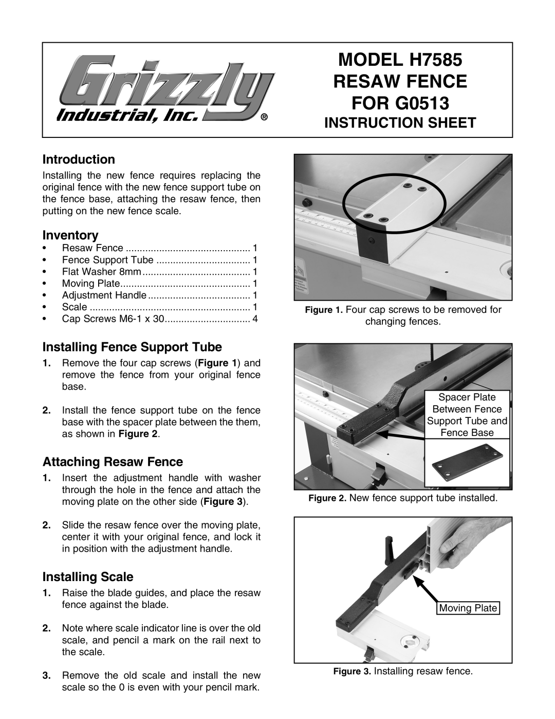 Grizzly instruction sheet MODEL H7585, Resaw Fence, FOR G0513, Instruction Sheet, Introduction, Inventory 