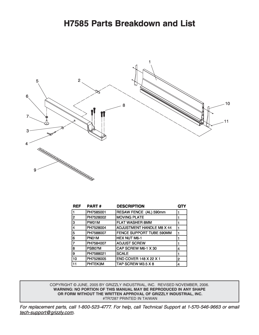 Grizzly instruction sheet H7585 Parts Breakdown and List, Part #, Description 