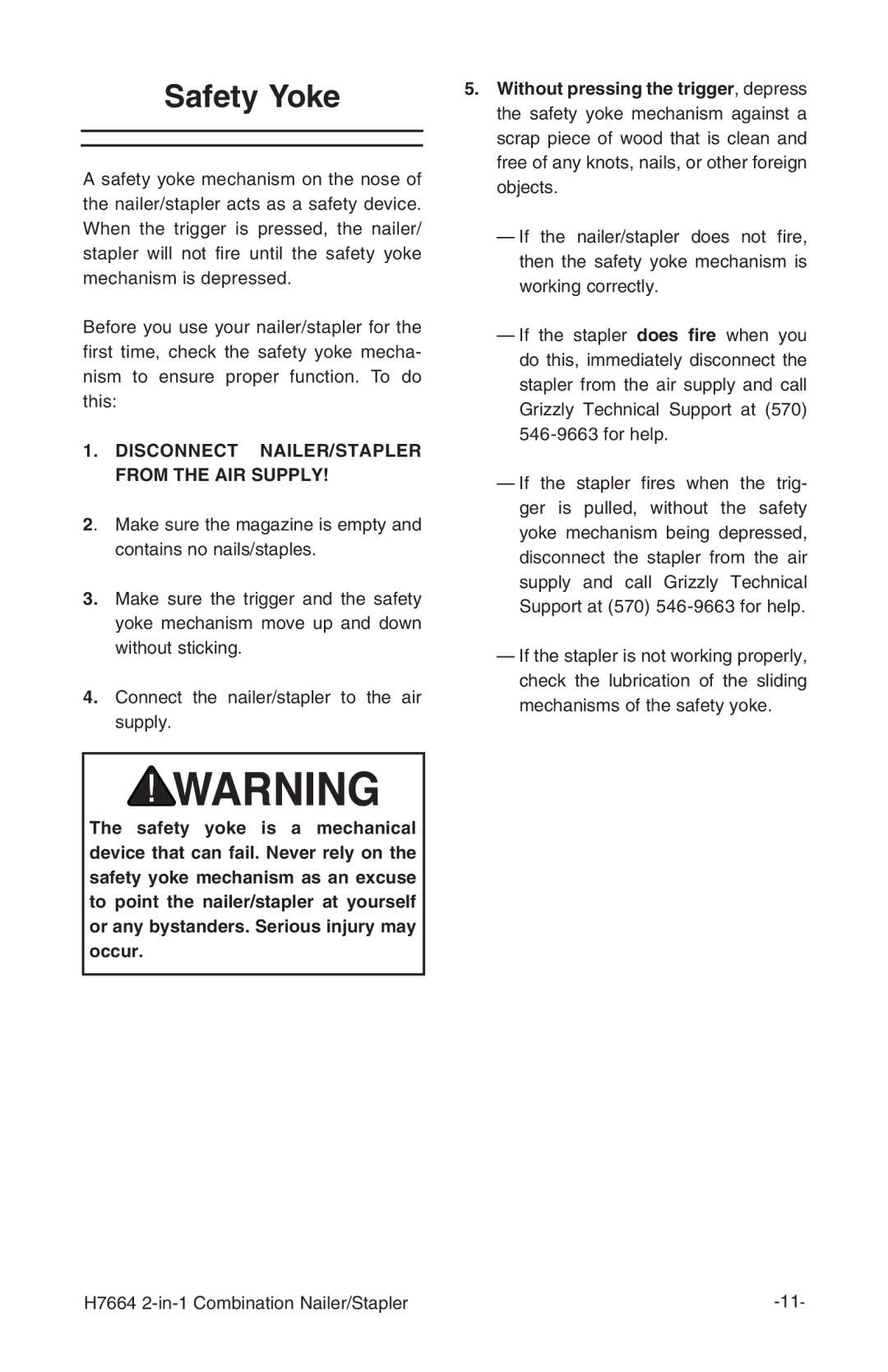 Grizzly H7664 instruction manual Safety Yoke, Disconnect NAILER/STAPLER from the AIR Supply 