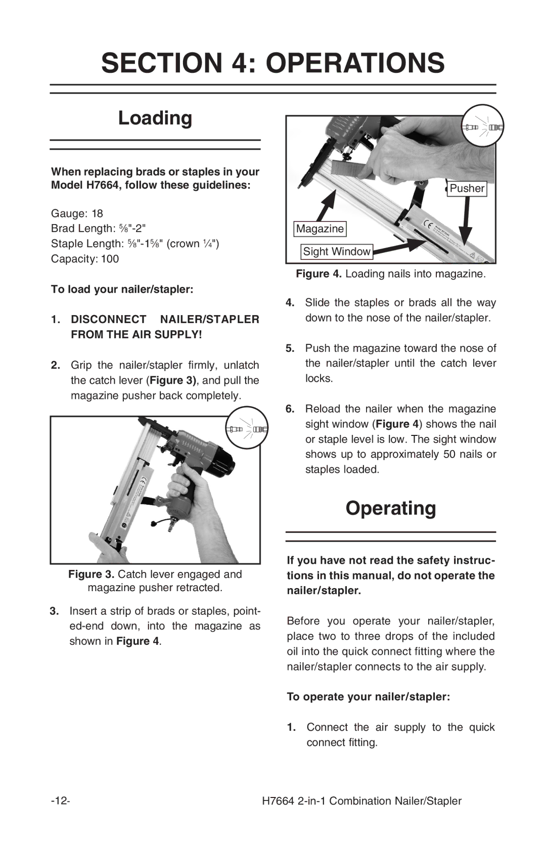 Grizzly H7664 Operations, Loading, Operating, To load your nailer/stapler, To operate your nailer/stapler 