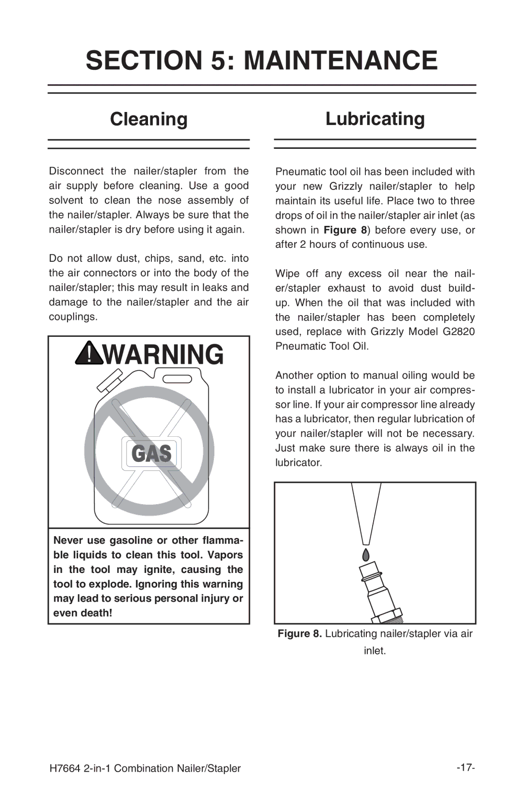 Grizzly H7664 instruction manual Maintenance, CleaningLubricating 