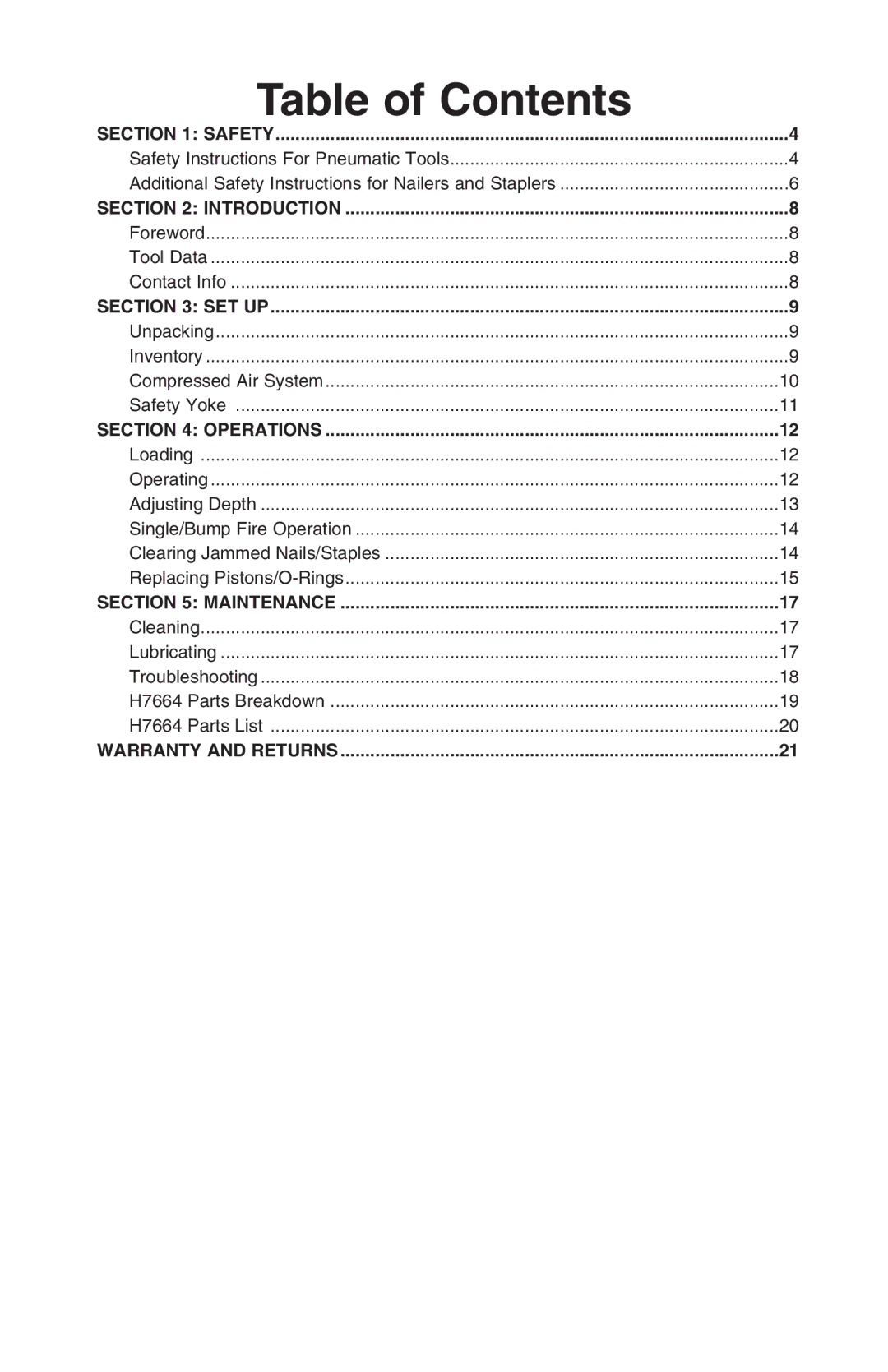 Grizzly H7664 instruction manual Table of Contents 