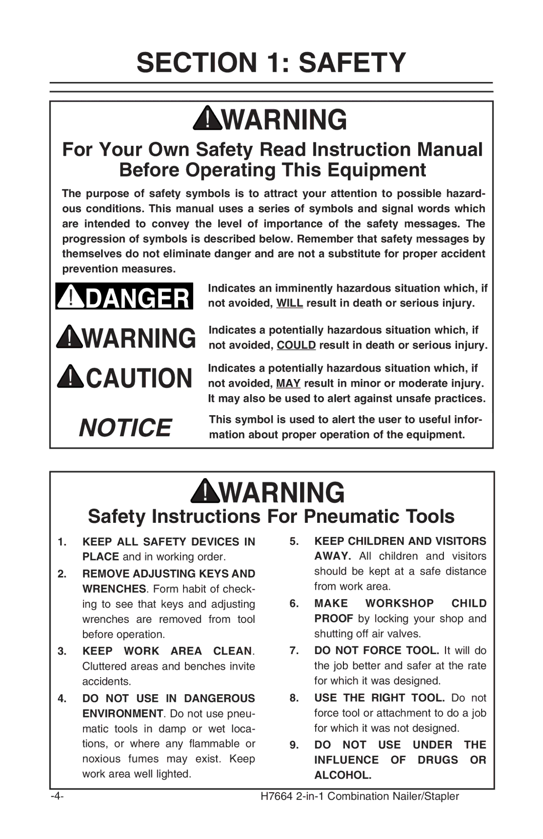 Grizzly H7664 instruction manual Before Operating This Equipment, Safety Instructions For Pneumatic Tools 