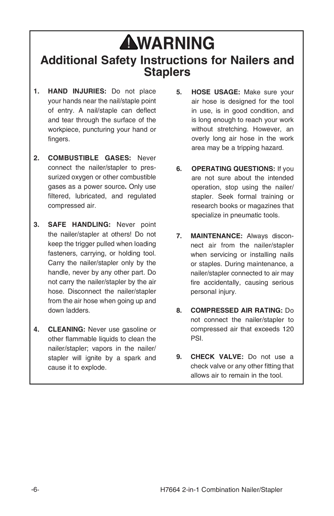 Grizzly H7664 instruction manual Additional Safety Instructions for Nailers Staplers 