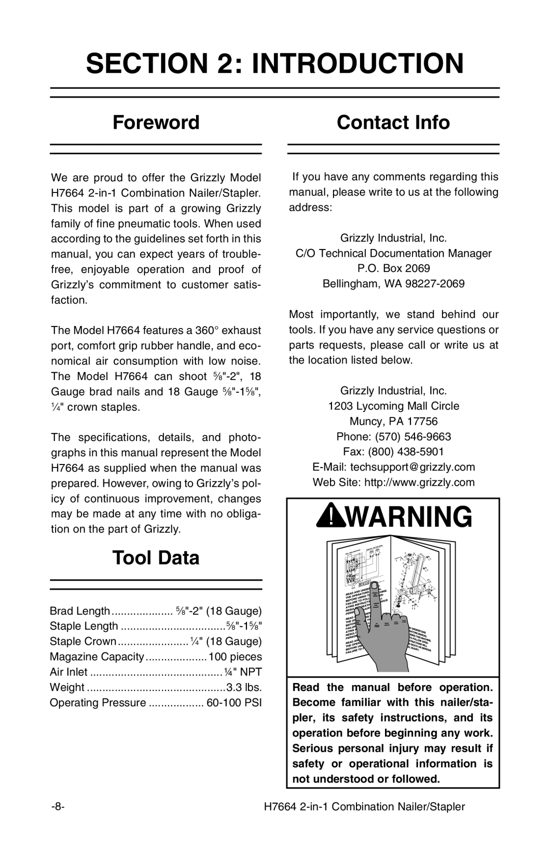 Grizzly H7664 instruction manual Introduction, Foreword Contact Info, Tool Data 