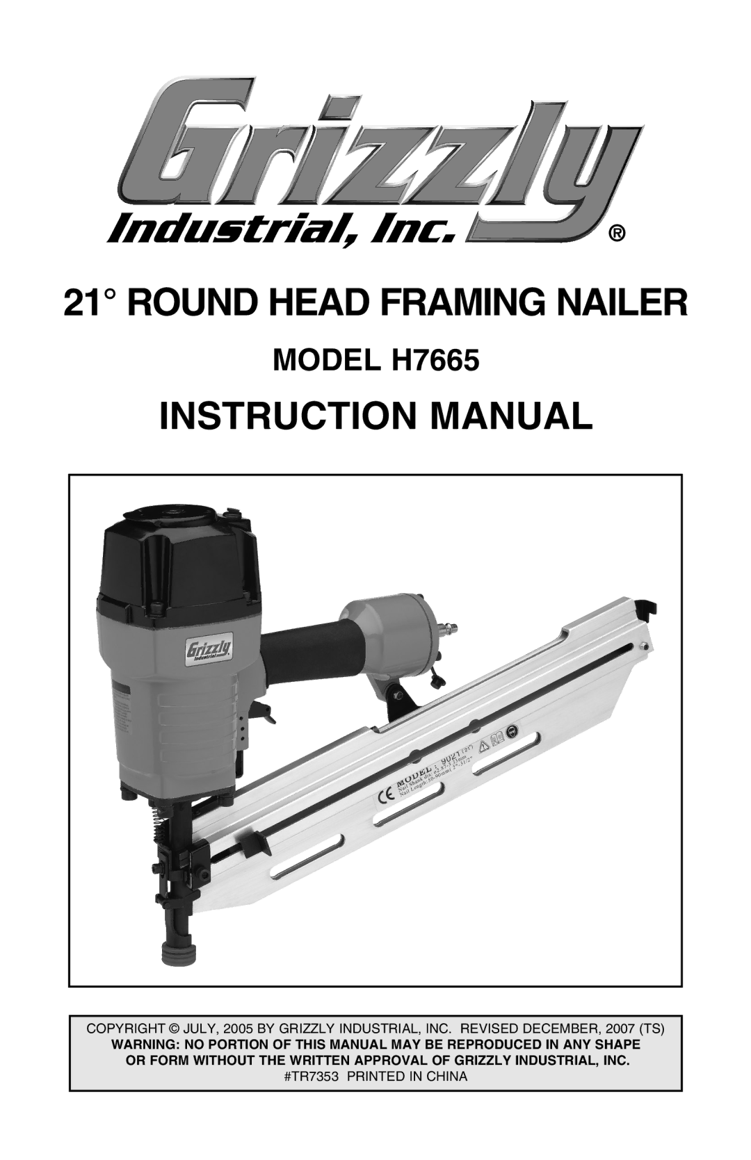 Grizzly H7665 instruction manual Round Head Framing Nailer 